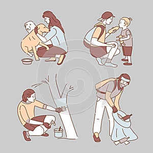 Woman taking care of children, pets, trees, and collects garbage into trash bag vector cartoon outline illustration.
