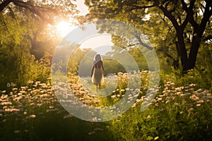 Woman taking leisurely stroll through sun-dappled meadow. Generative AI