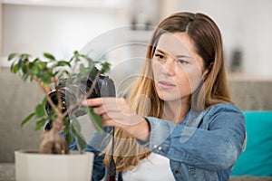 woman taking macro photograph house plant