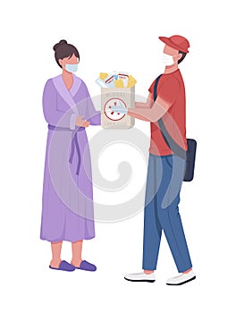 Woman taking medication from courier semi flat color vector characters
