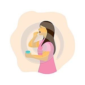 A woman is taking medicinal pills, using her right hand to heal her pain vector illustration.