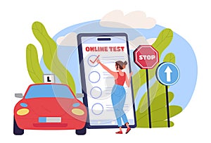 Woman taking online driving test on giant smartphone