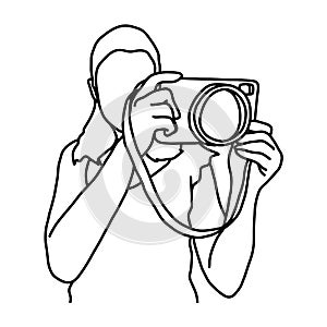 Woman taking photo with camera vector illustration sketch doodle hand drawn with black lines isolated on white background