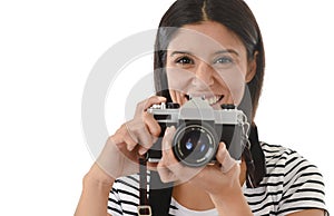 Woman taking pictures posing smiling happy using cool retro and vintage photo camera