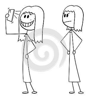 Woman Taking Selfie, Another Woman is Looking, Vector Cartoon Stick Figure Illustration