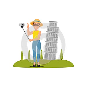 Woman taking selfie in front of Leaning Tower of Pisa. Vacation in Italy. Colorful flat vector illustration