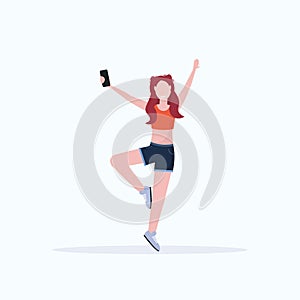 Woman taking selfie photo on smartphone camera casual female cartoon character posing white background flat full length