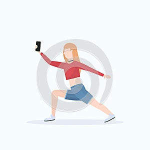 Woman taking selfie photo on smartphone camera casual female cartoon character posing white background flat full length