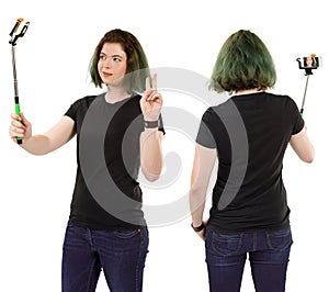 Woman taking selfie and wearing blank black shirt