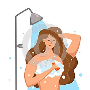 Woman taking shower in bathroom. Vector illustration of happy girl washing herself with shampoo and soap.