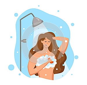 Woman taking shower in bathroom. Vector illustration of happy girl washing herself with shampoo and soap.