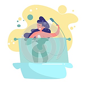 Woman taking a shower Vector. Cartoon. Isolated art on white background. Flat