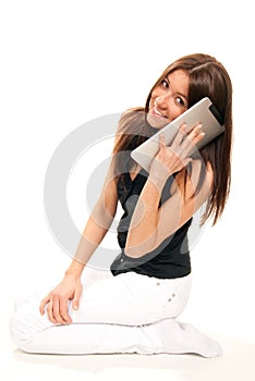 Woman talking as cellular mobile phonetouch pad