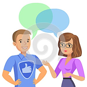 Woman talking with a computer specialist. Vector illustration.