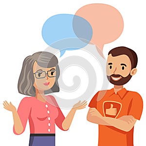 Woman talking with a computer specialist. Vector illustration.