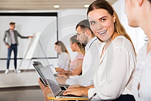 Woman talking with groupmate