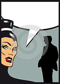 Woman talking with man silhouette illustration in comic style