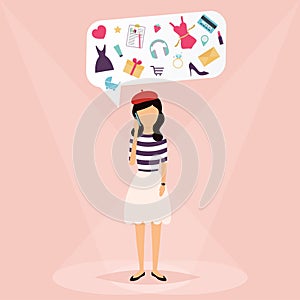 Woman talking on mobile phone. Speech Bubbles with icons love