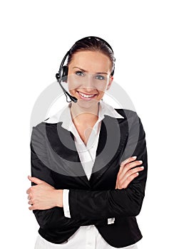 Woman talking by phone as customer service