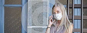 Woman talking phone mobile wear mask during disease pandemic and to prevent dust that may enter the body through the nose and