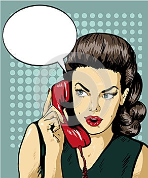 Woman talking by phone with speech bubble. Vector illustration in retro comic pop art style