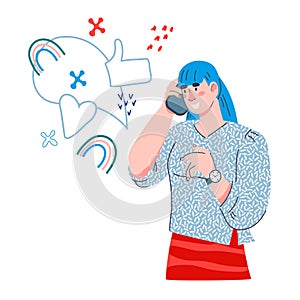 Woman talking phone with various symbols of social media, cartoon vector isolated.