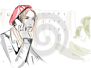 Woman talking at the phone in vintage french style hat vectors