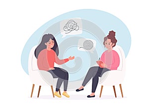 Woman talking with psychologist. Psychology therapy, mental health concept. Vector illustration