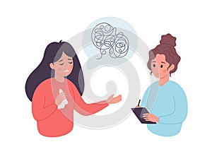 Woman talking with psychologist. Psychology therapy, mental health concept. Vector illustration