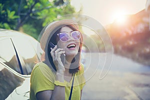 woman talking to telephone with happiness face