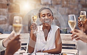 Woman talking for toast with celebration champagne at party with friends, wine for success at restaurant and drinks at