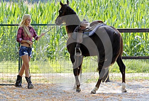 Woman taming a horse photo