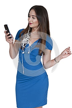 Woman with tangled ear buds
