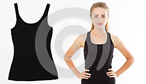 Woman in tank top mock up isolated on white background, Tank top close up. Young woman wearing black sleeveless t-shirt