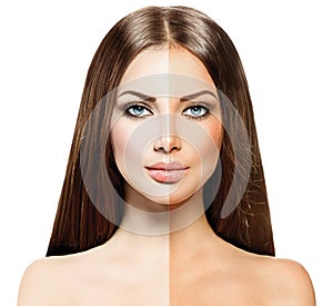 Woman with tanned skin before and after tan