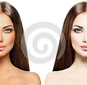 Woman with tanned skin before and after tan