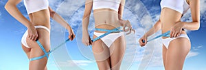 Woman tape meter on buttocks and belly concept of lightness photo