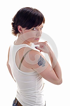 Woman with tattoo on her shoulder