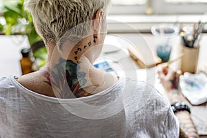 Woman with Tattoo Painting Water Color Art Work Hobby Leisure Re