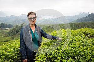 Woman is on tea plantations of Cameron Highlands, Malaysia