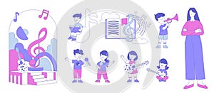 Woman Teacher and Children Having Musical Education Lesson with Instrument Playing and Singing Vector Set