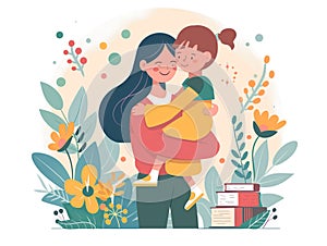 Woman teacher hug student kid. decorated with flowers. By generative Ai