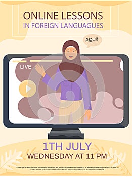 Woman teacher in national arab hijab speaks foreign language during online lesson on monitor
