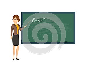 Woman teacher in physics class, with pointer in hand.
