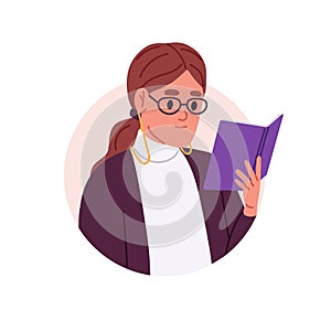 Woman teacher reading book, head portrait. Female student face in glasses, user profile. Smart lawyer, expert in