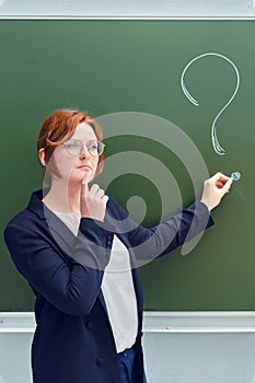 Woman teacher with a sad face and a question mark on a blackboard. Upset school teacher on blackboard background