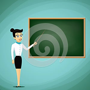 Woman Teacher show pointer on blackboard. Back to school. Stock