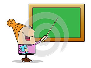 Woman a teacher shows on a school board a pointer
