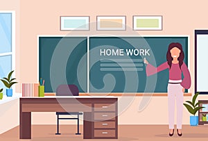 Woman teacher writing home work at chalk board modern school classroom interior female cartoon character full length