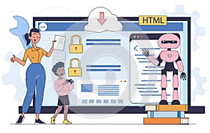 Woman teaching coding with robot assistant. Vector illustration